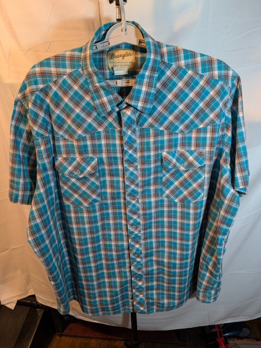 Wrangler Western Shirts Men’s Blue Plaid Short Sleeve Cotton Poly Pearl Snaps 3X